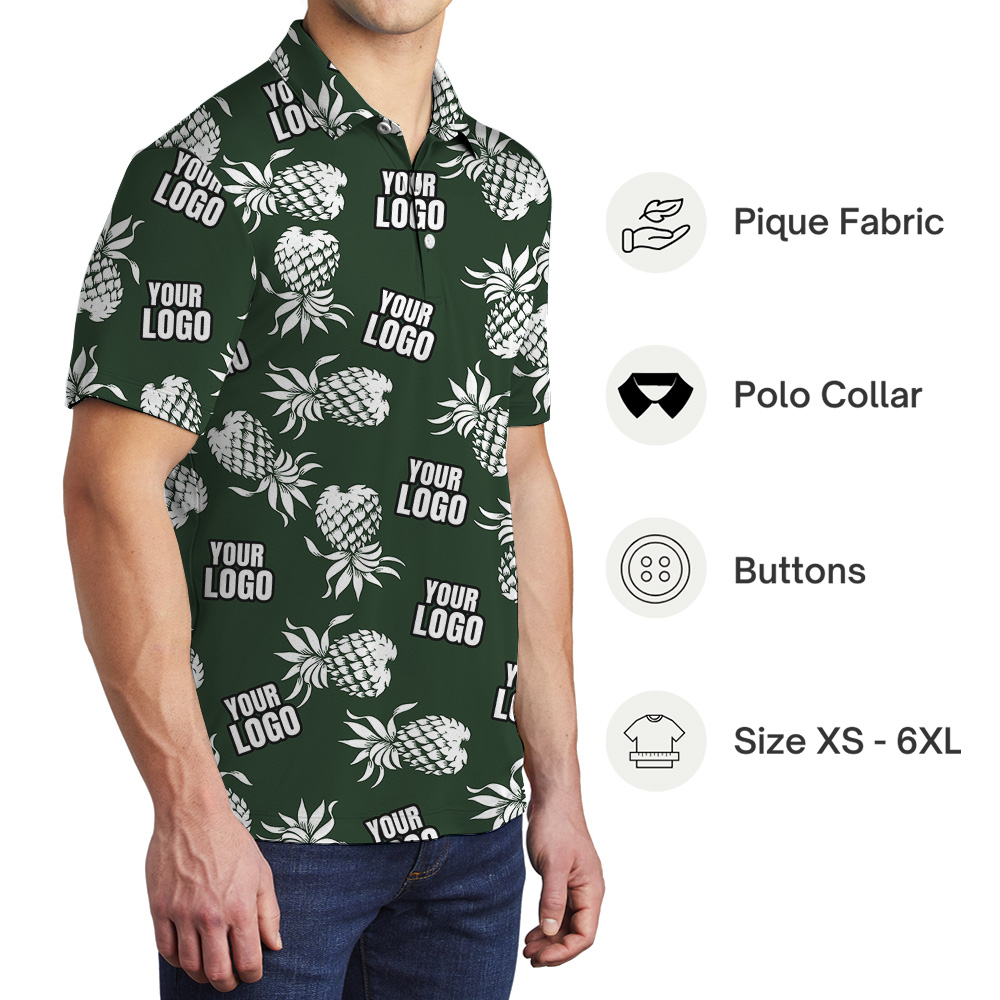 Green Tropical Pineapple Polo Shirt With Custom Logo
