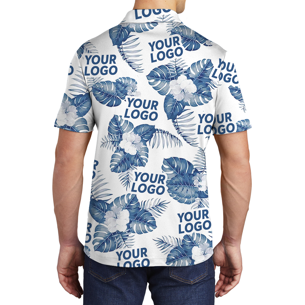 White Custom Logo Polo Shirt With Big Tropical Leaves