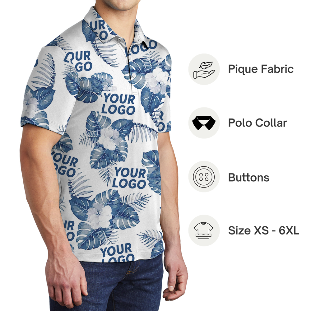 White Custom Logo Polo Shirt With Big Tropical Leaves