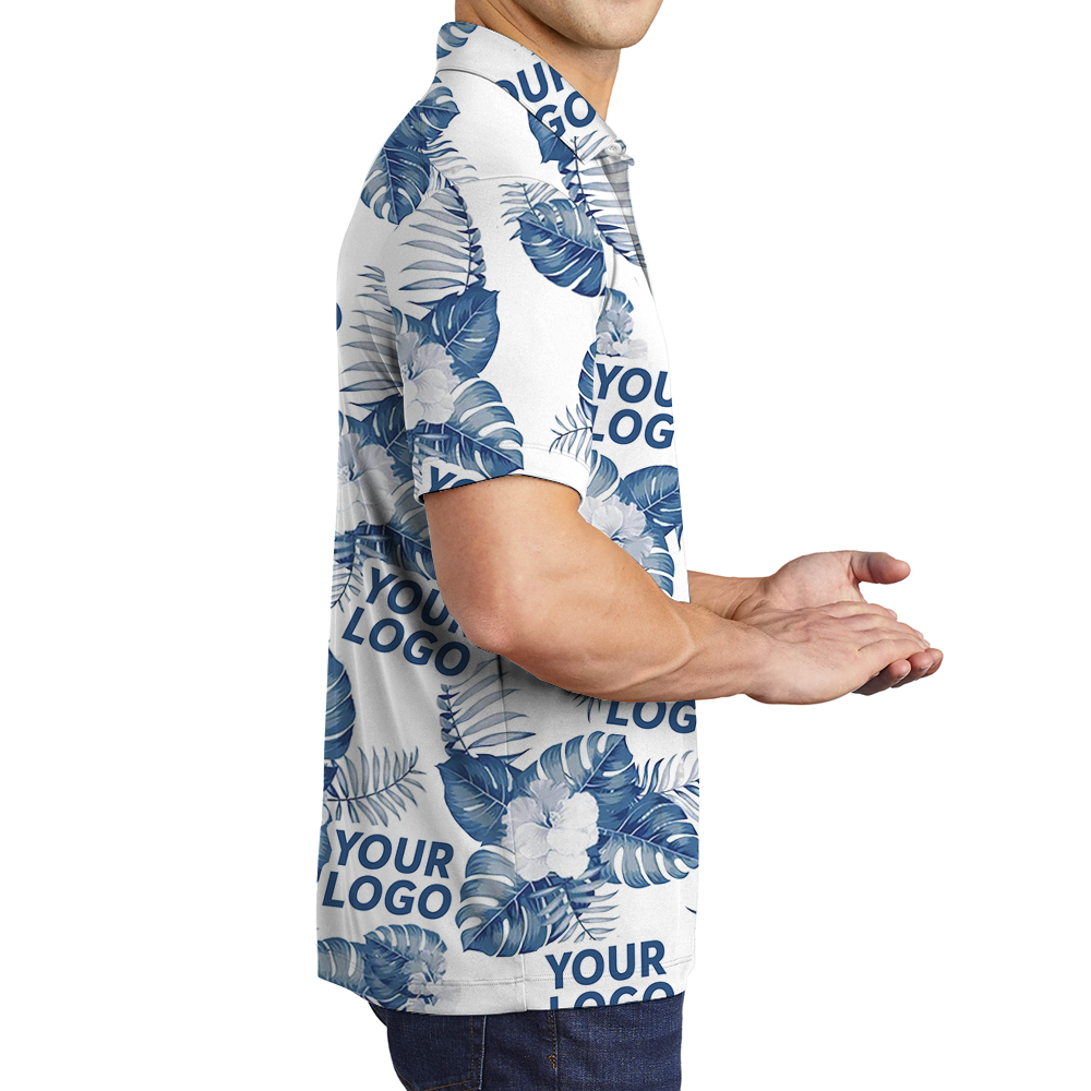 White Custom Logo Polo Shirt With Big Tropical Leaves