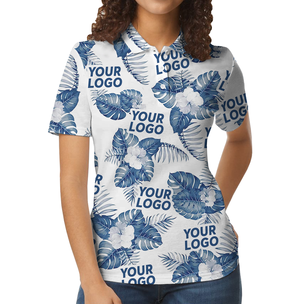 White Custom Logo Polo Shirt With Big Tropical Leaves