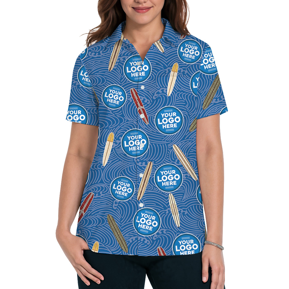 Navy Surfboard Custom Logo Wave Pattern Hawaiian Shirt
