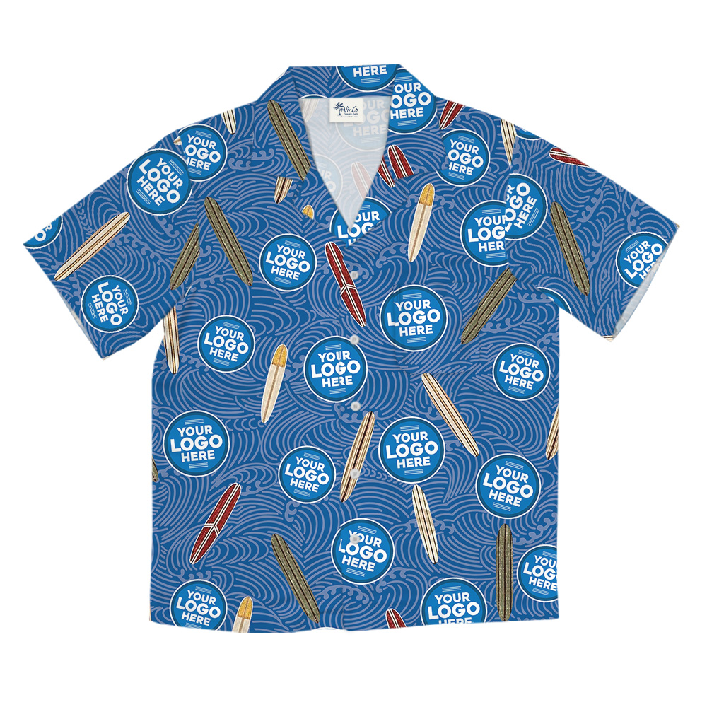 Navy Surfboard Custom Logo Wave Pattern Hawaiian Shirt