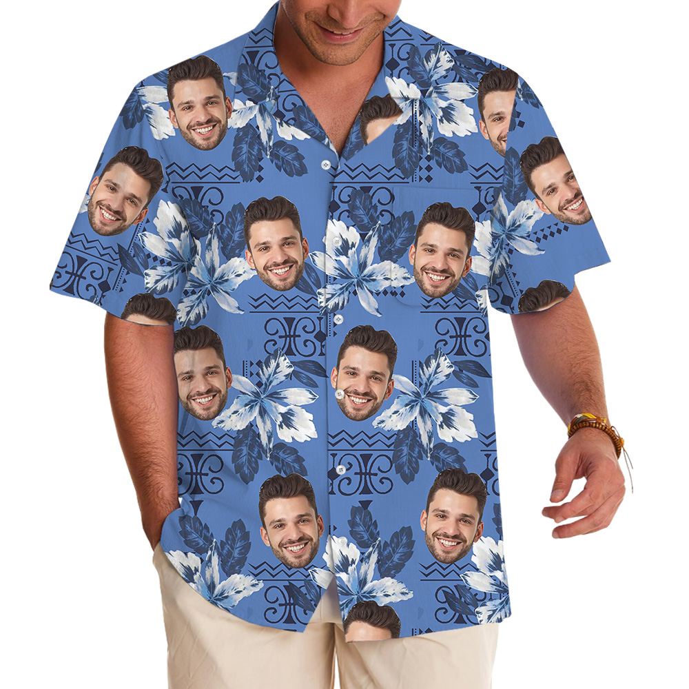 Blue Botanical Pattern Custom Face Hawaiian Shirt - variant image 1