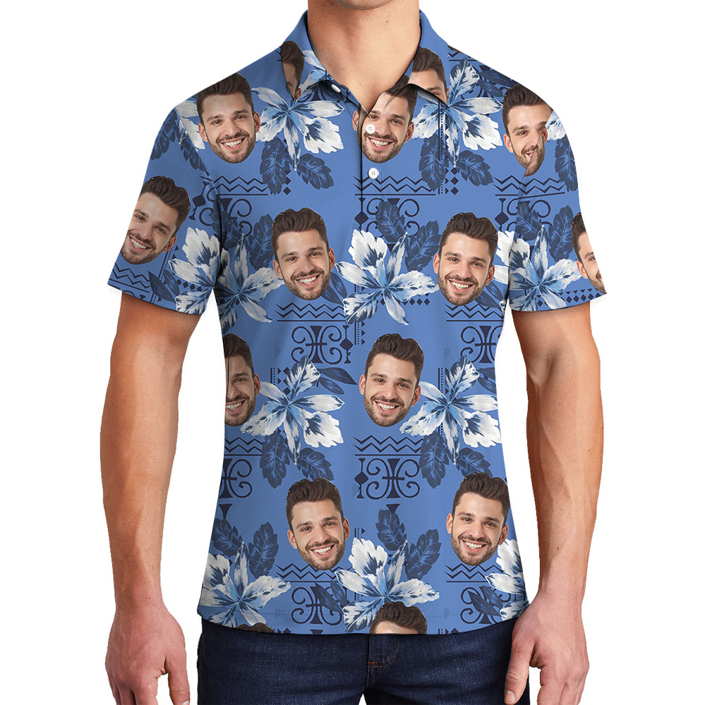 Blue Botanical Pattern Custom Face Polo Shirt - variant image 1