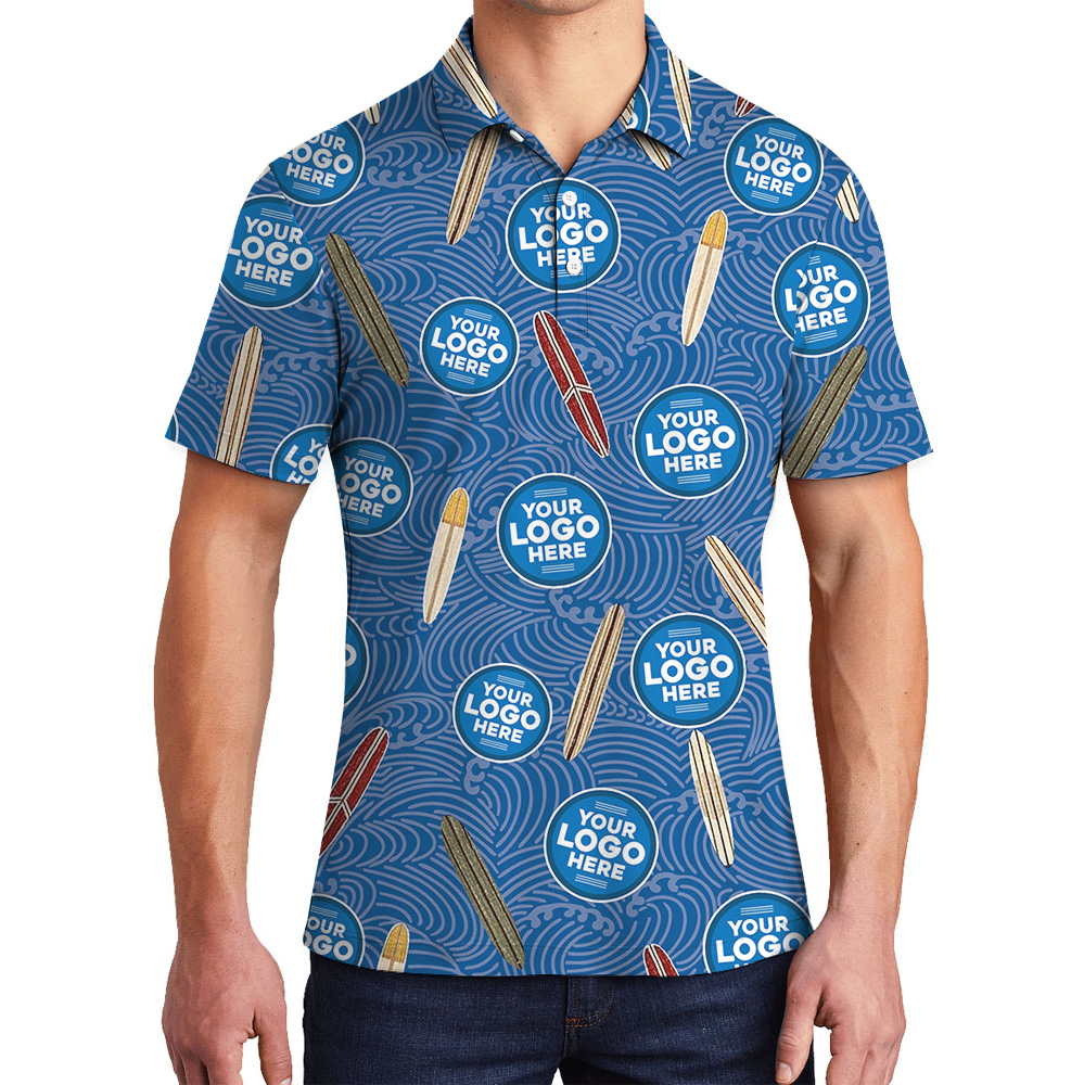 Navy Surfboard Custom Logo Wave Pattern Polo Shirt - variant image 1
