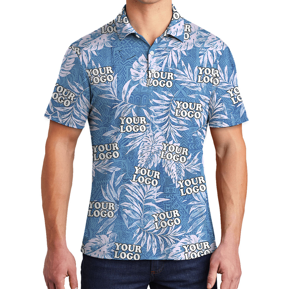 Tribal Blue Custom Logo Sketchy Tropical Leaf Polo Shirt - variant image 1