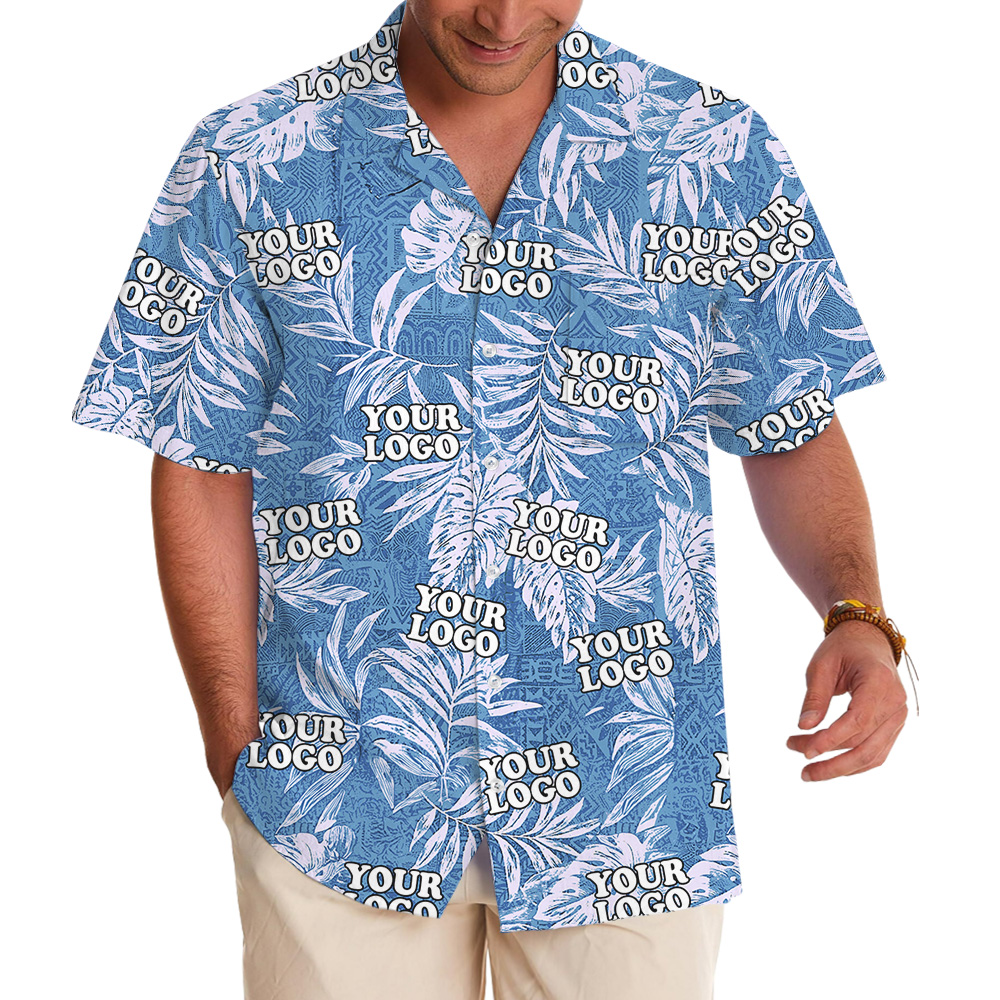 Tribal Blue Custom Logo Sketchy Tropical Leaf Hawaiian Shirt - variant image 1