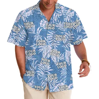 Tribal Blue Custom Logo Sketchy Tropical Leaf Hawaiian Shirt