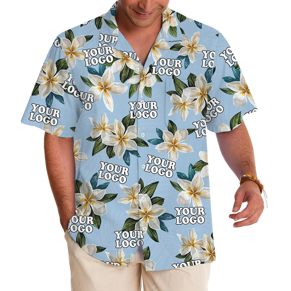 Custom Logo Blue Plumeria Pattern Hawaiian Shirt - variant image 1