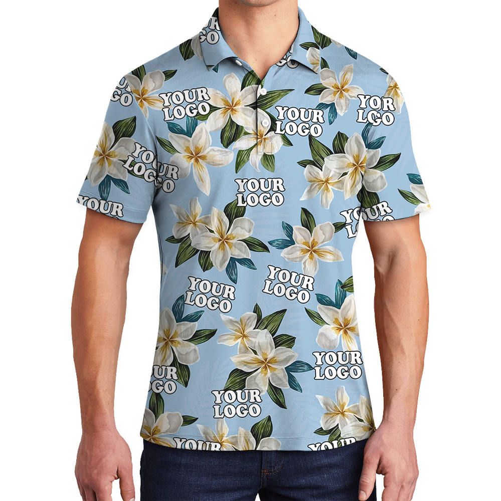 Custom Logo Blue Plumeria Pattern Polo Shirt - variant image 1