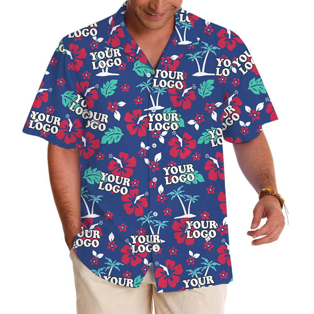 Hawaiian Shirt Navy Custom Logo Tropical Floral Pattern - variant image 1
