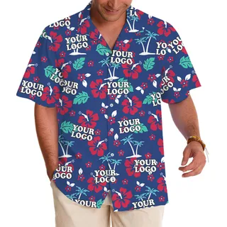 Hawaiian Shirt Navy Custom Logo Tropical Floral Pattern