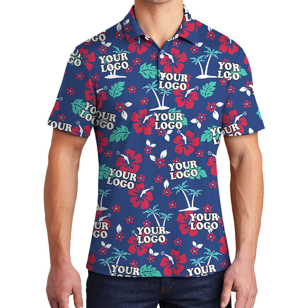 Polo Shirt Navy Custom Logo Tropical Floral Pattern - variant image 1