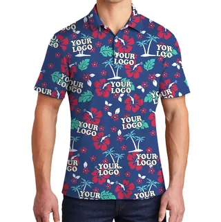 Polo Shirt Navy Custom Logo Tropical Floral Pattern
