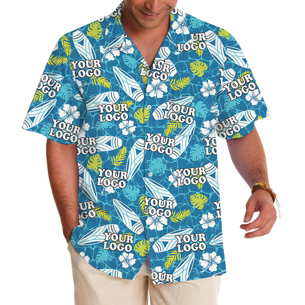 Blue Surfboards And Tropical Leaves Custom Logo Hawaiian Shirt - variant image 1