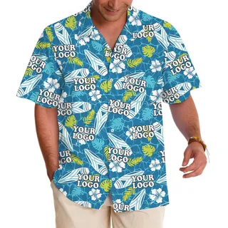 Blue Surfboards And Tropical Leaves Custom Logo Hawaiian Shirt