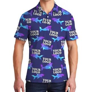 Navy Custom Logo Polo Shirt With Hologram Shark Print