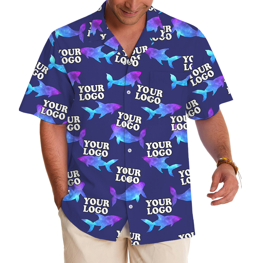 Navy Custom Logo Hawaiian Shirt With Hologram Shark Print - variant image 1