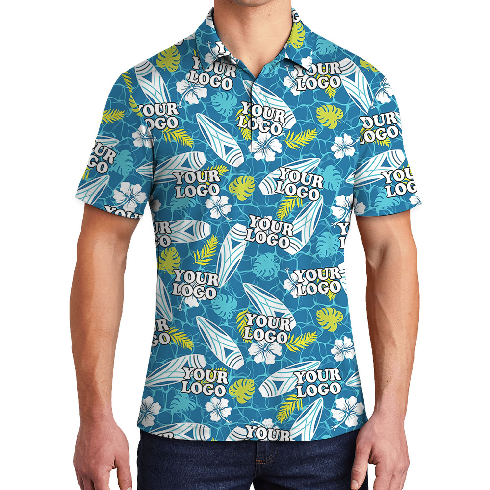 Blue Custom Logo Surfboards And Tropical Leaves Polo Shirt - variant image 1