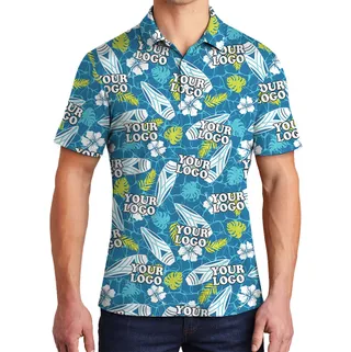Blue Custom Logo Surfboards And Tropical Leaves Polo Shirt
