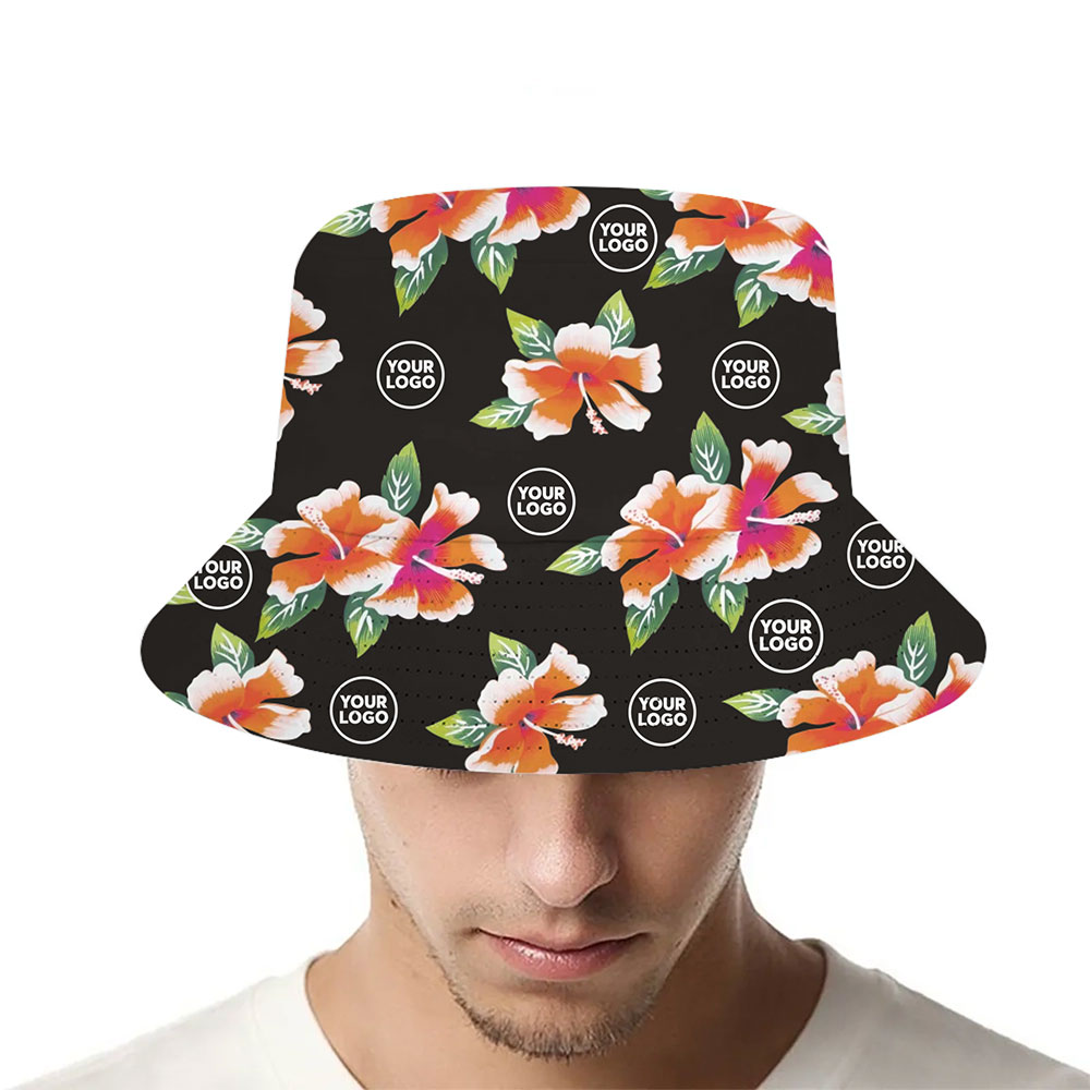 [Live Preview] Tropical Hibiscus Floral Pattern Custom Logo Bucket Hat - variant image 1