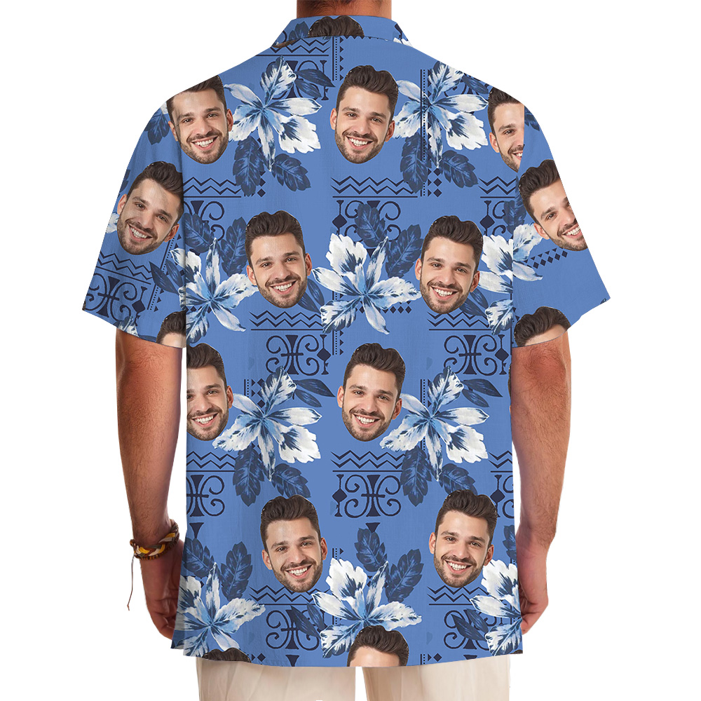 Blue Botanical Pattern Custom Face Hawaiian Shirt