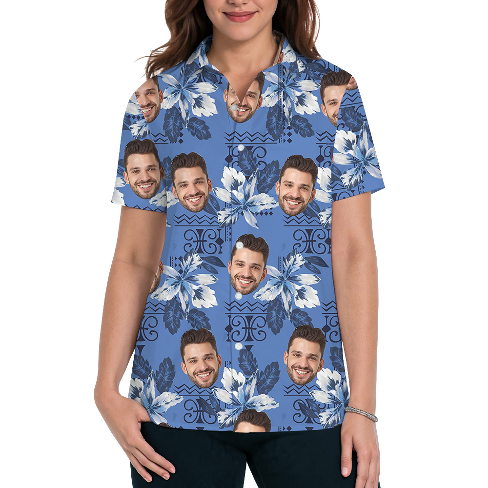 Blue Botanical Pattern Custom Face Hawaiian Shirt