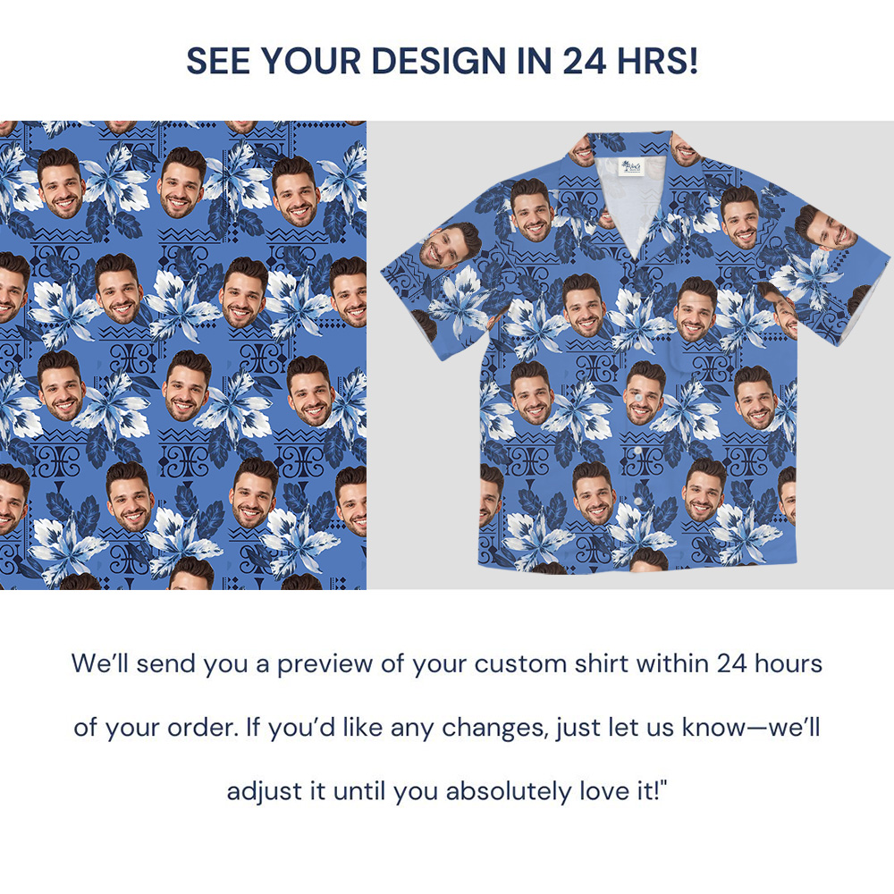 Blue Botanical Pattern Custom Face Hawaiian Shirt