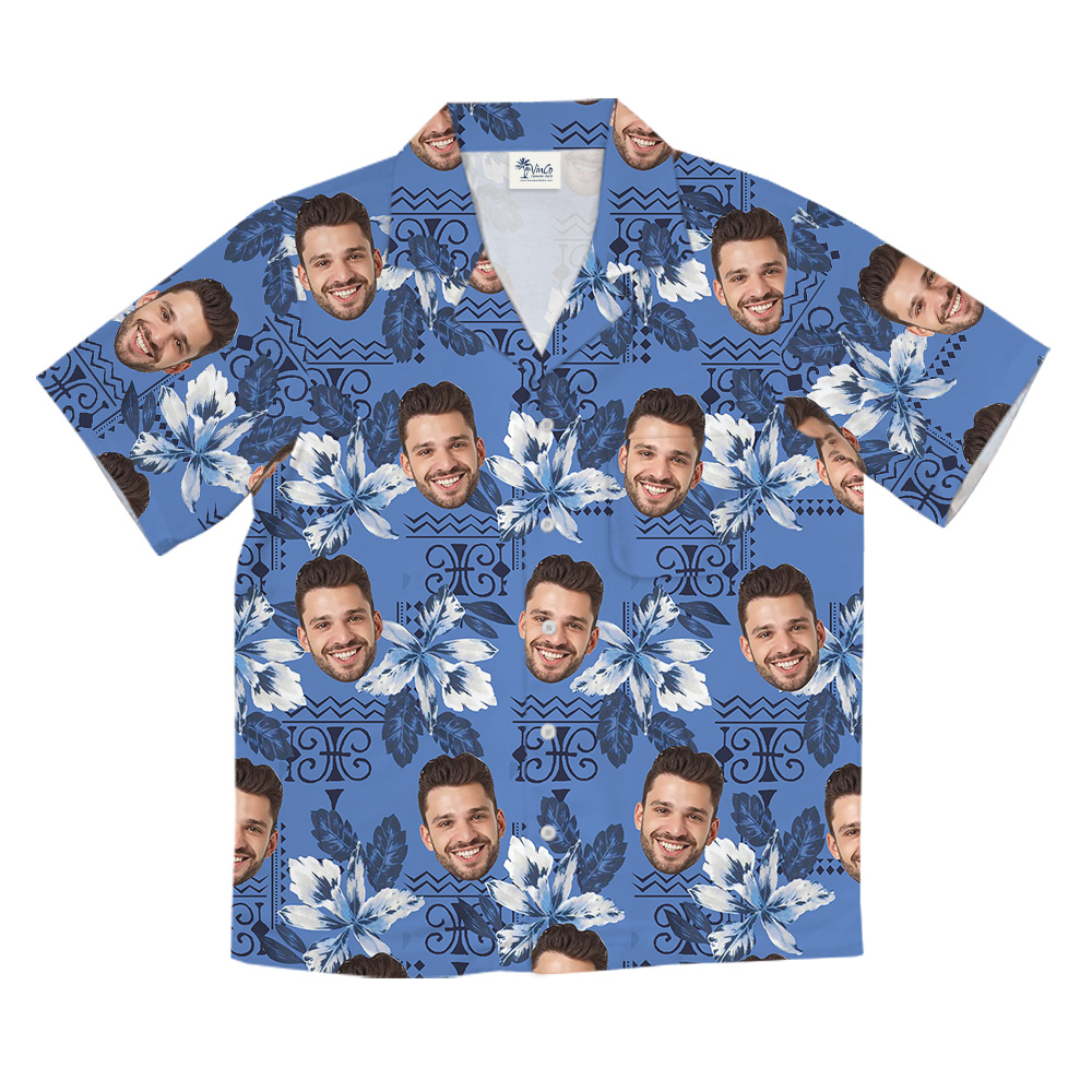 Blue Botanical Pattern Custom Face Hawaiian Shirt