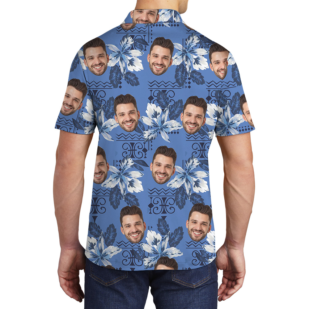 Blue Botanical Pattern Custom Face Polo Shirt
