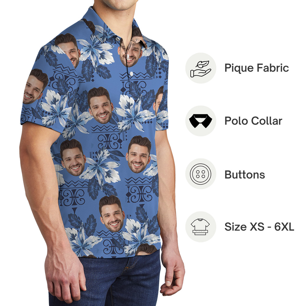 Blue Botanical Pattern Custom Face Polo Shirt