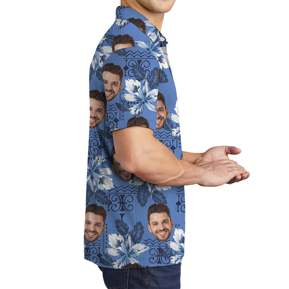 Blue Botanical Pattern Custom Face Polo Shirt