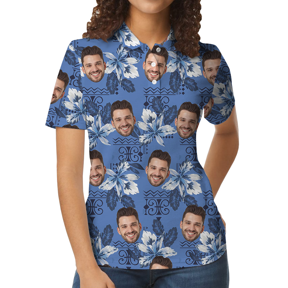 Blue Botanical Pattern Custom Face Polo Shirt