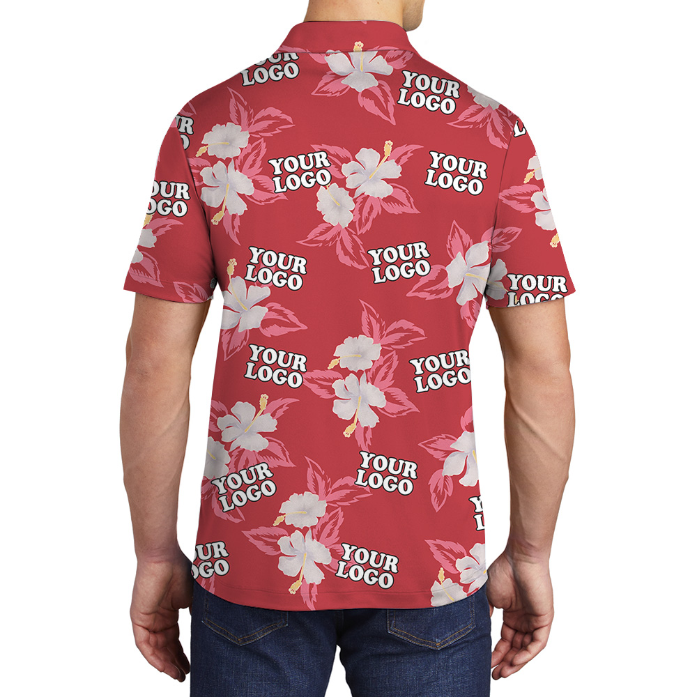 Red Custom Logo Hibiscus Pattern Polo Shirt