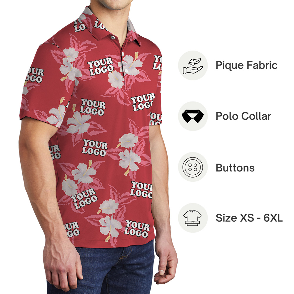 Red Custom Logo Hibiscus Pattern Polo Shirt