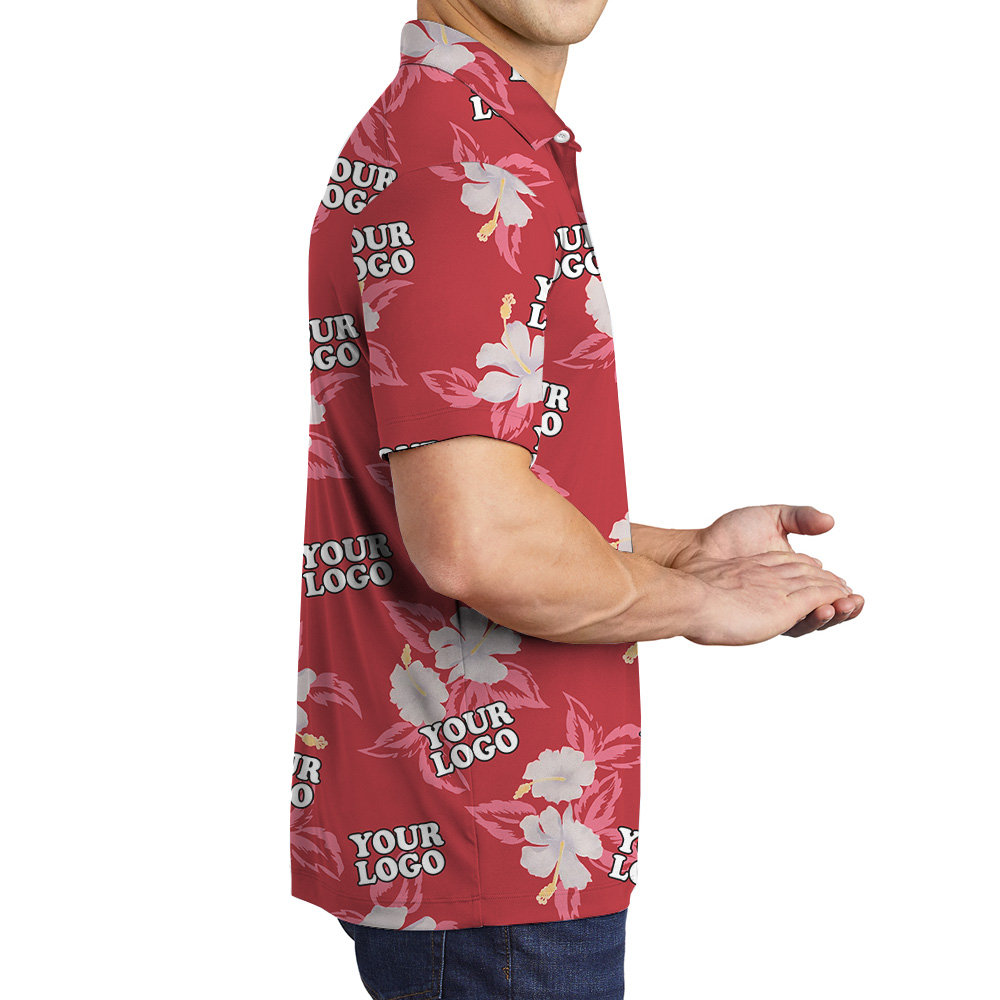 Red Custom Logo Hibiscus Pattern Polo Shirt