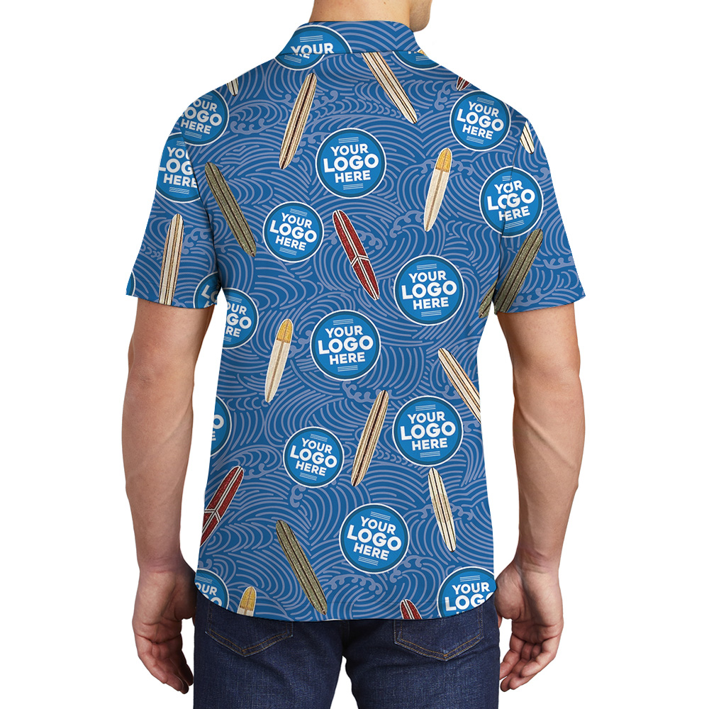 Navy Surfboard Custom Logo Wave Pattern Polo Shirt