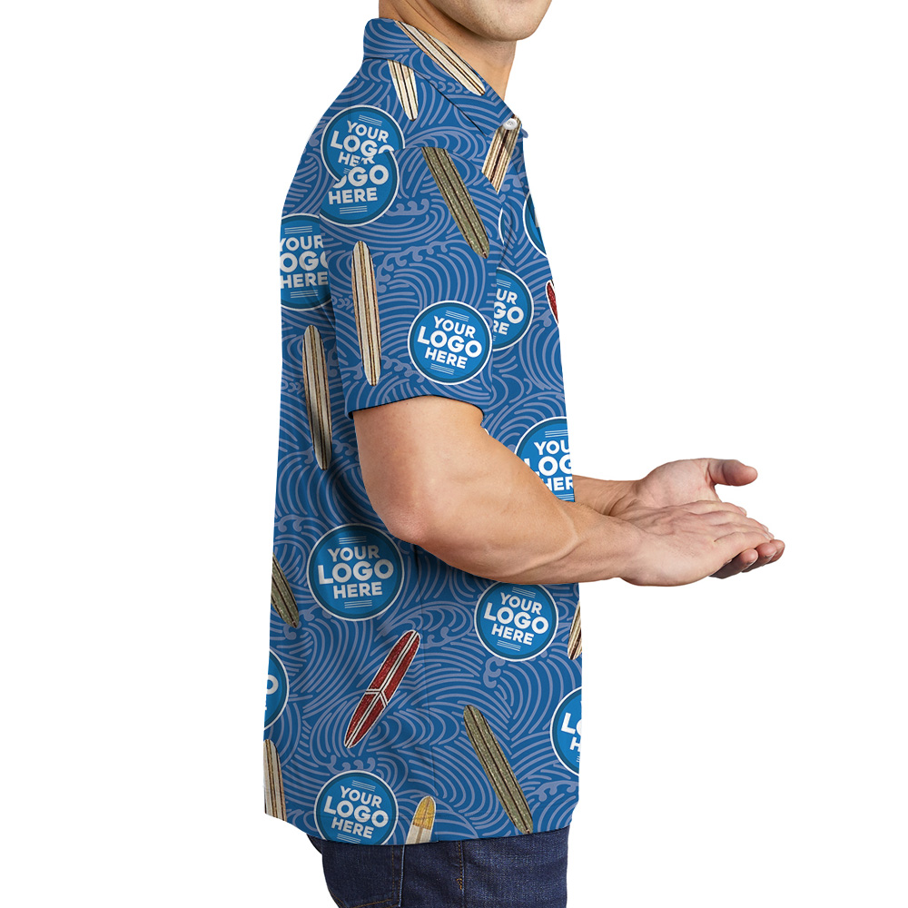 Navy Surfboard Custom Logo Wave Pattern Polo Shirt