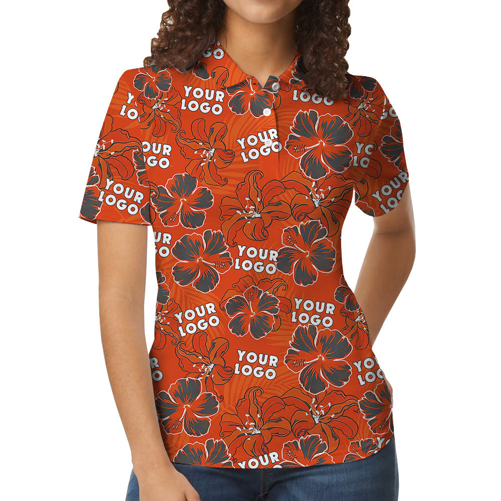 Custom Logo Red Hibiscus And Lily Pattern Polo Shirt