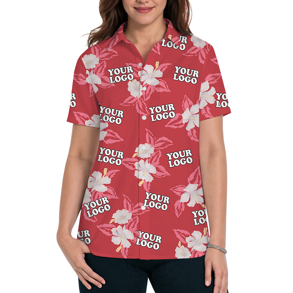 Red Custom Logo Hibiscus Pattern Hawaiian Shirt