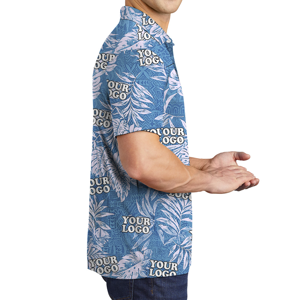 Tribal Blue Custom Logo Sketchy Tropical Leaf Polo Shirt