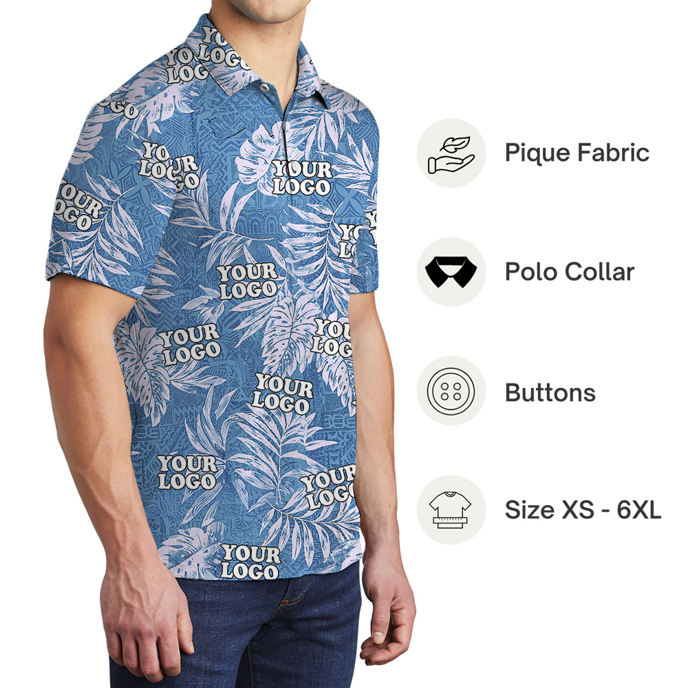Tribal Blue Custom Logo Sketchy Tropical Leaf Polo Shirt