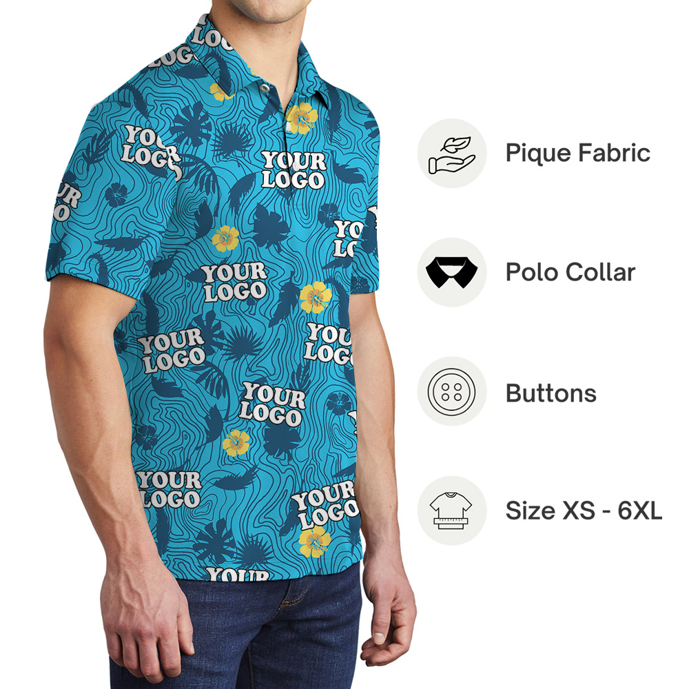 Polo Shirt Hibiscus Wave Line Tropical Print Custom Logo