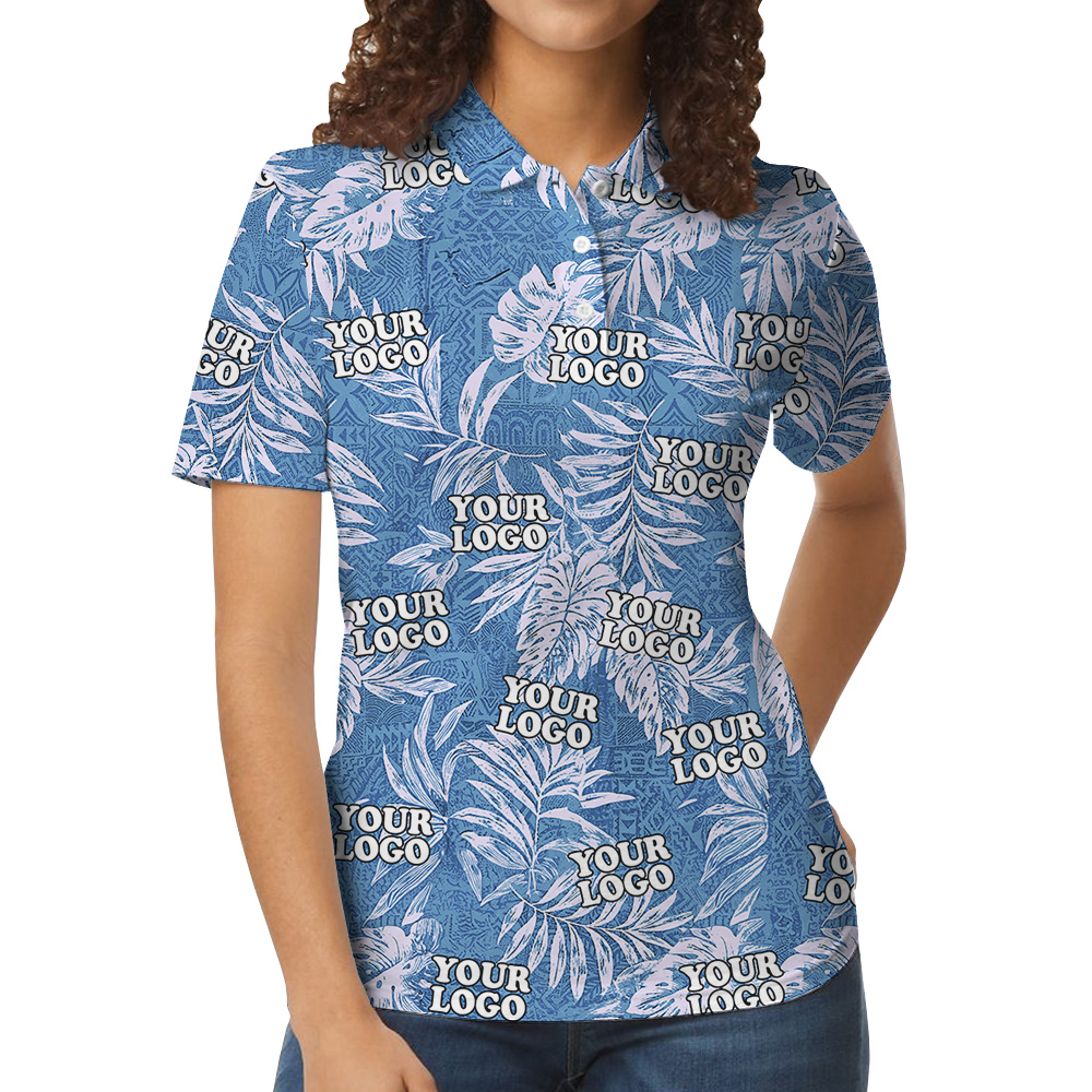 Tribal Blue Custom Logo Sketchy Tropical Leaf Polo Shirt