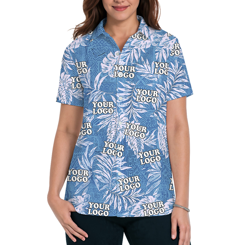 Tribal Blue Custom Logo Sketchy Tropical Leaf Hawaiian Shirt
