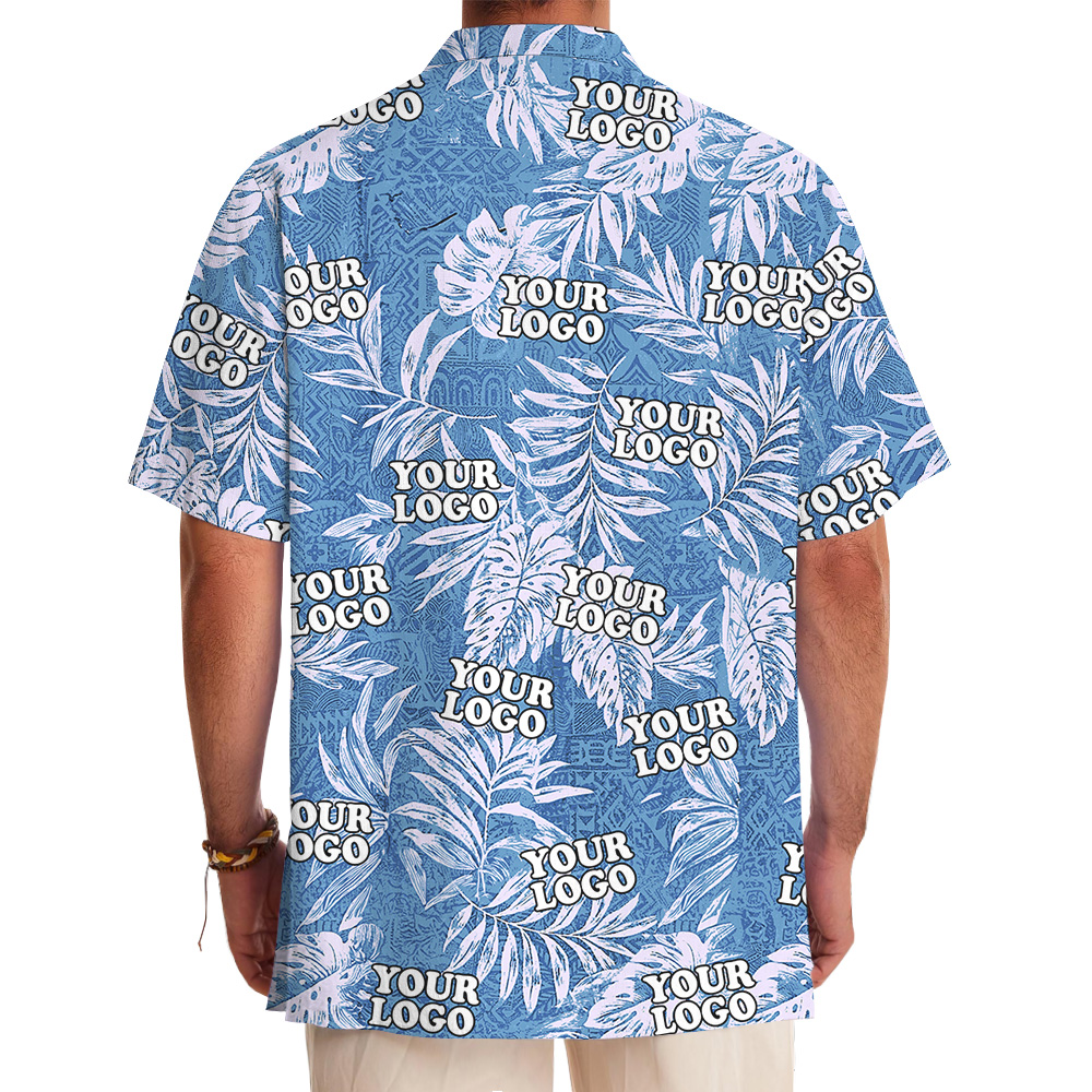 Tribal Blue Custom Logo Sketchy Tropical Leaf Hawaiian Shirt