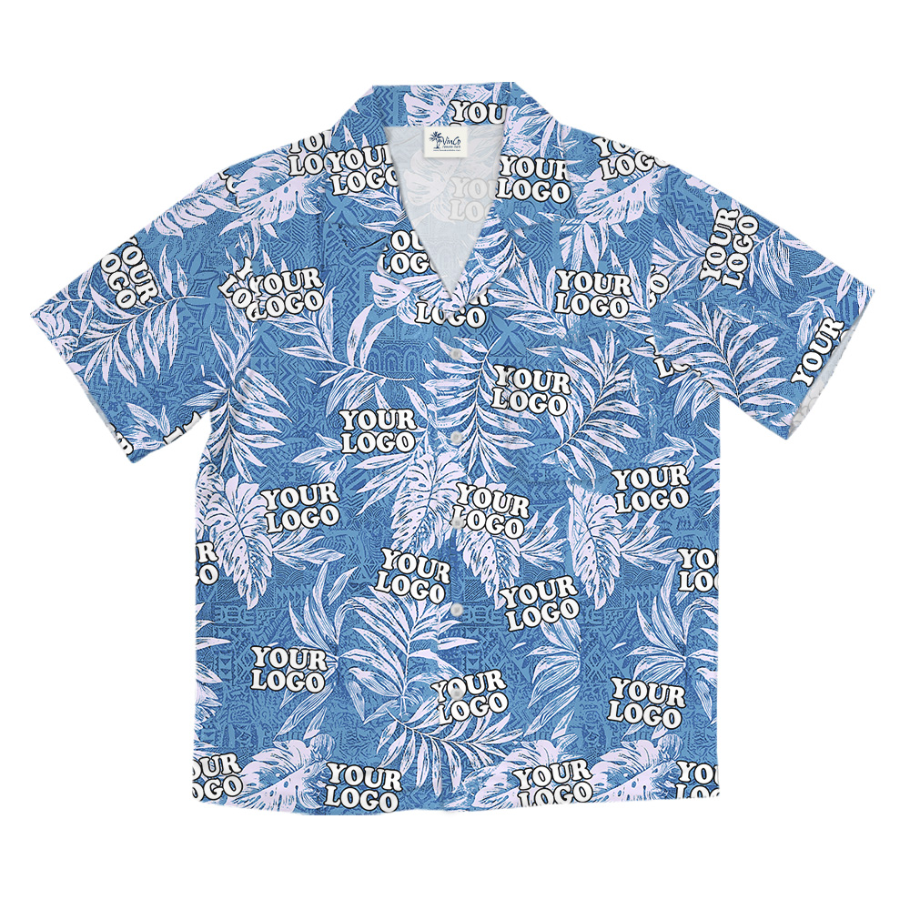 Tribal Blue Custom Logo Sketchy Tropical Leaf Hawaiian Shirt