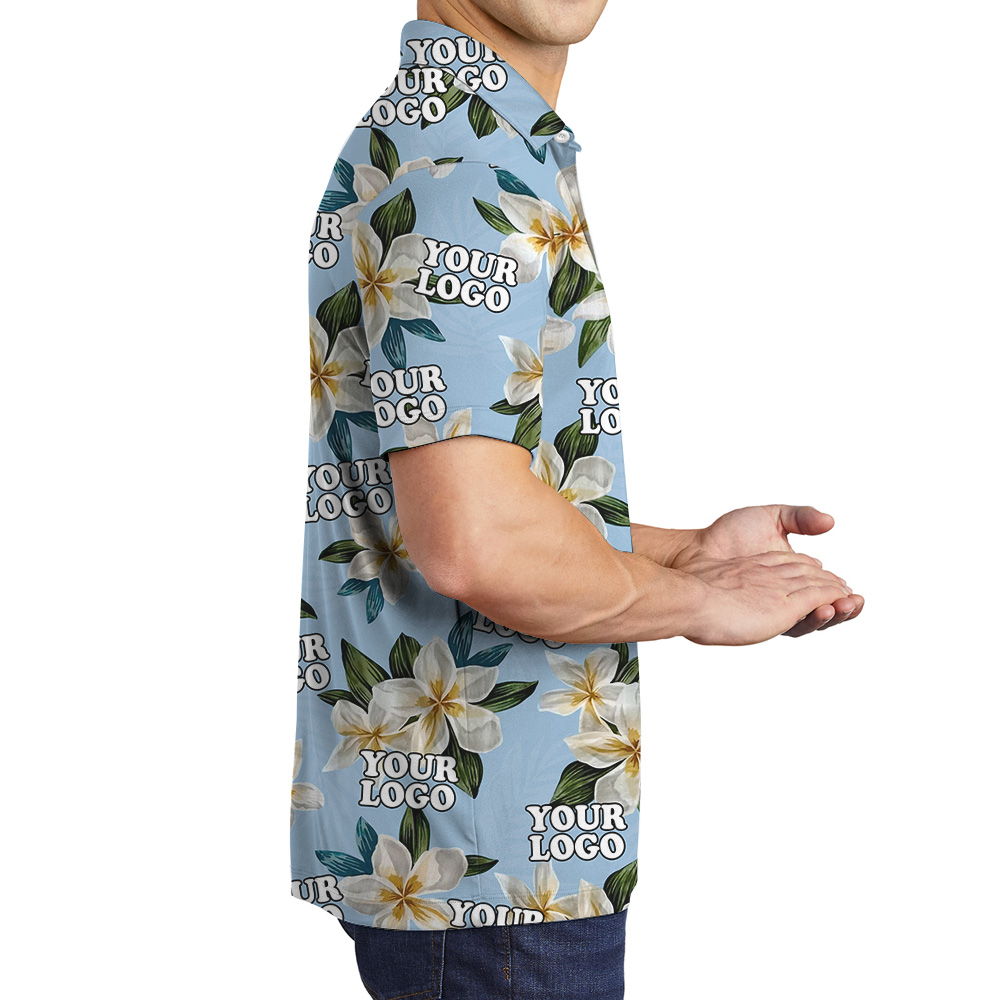 Custom Logo Blue Plumeria Pattern Polo Shirt