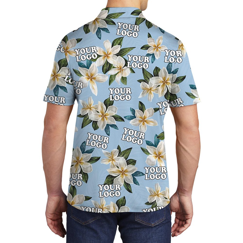 Custom Logo Blue Plumeria Pattern Polo Shirt